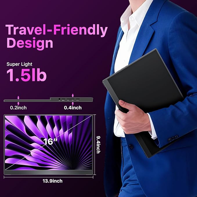 Portable Monitor 16 inch 2.5K QHD 100% sRGB 144Hz Travel Monitor for Laptop MacBook Surface PC Xbox PS5 HDMI USB-C VESA Compatible Built-in Speaker