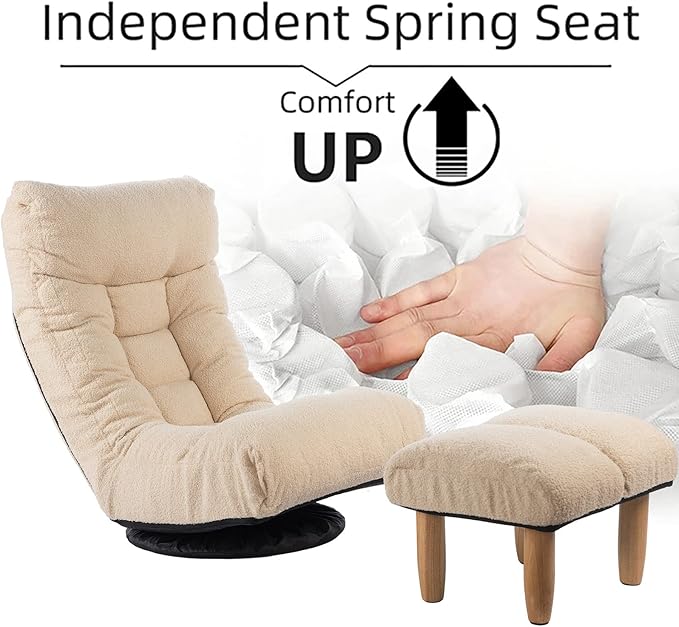 360-degree Swivel Gaming Chair Folding Floor Chair with Adjustable Backrest Cushion Padded Indoor Chaise Lounge with Stool Lazy Sofa Couch Rocker Gaming Chair for Teens and Adults