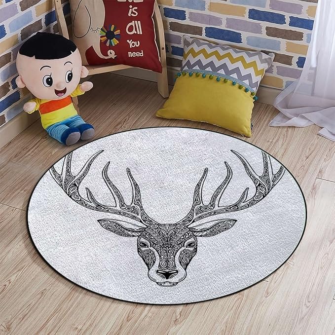 Antler Gaming Chair Mat Round Floor Mats for Office Chair Computer Gaming Desk Mat for Rolling Chair Non-Slip Gaming Rug Artistic Abstract Deer SkullWhite and Black Diameter 47.2 in