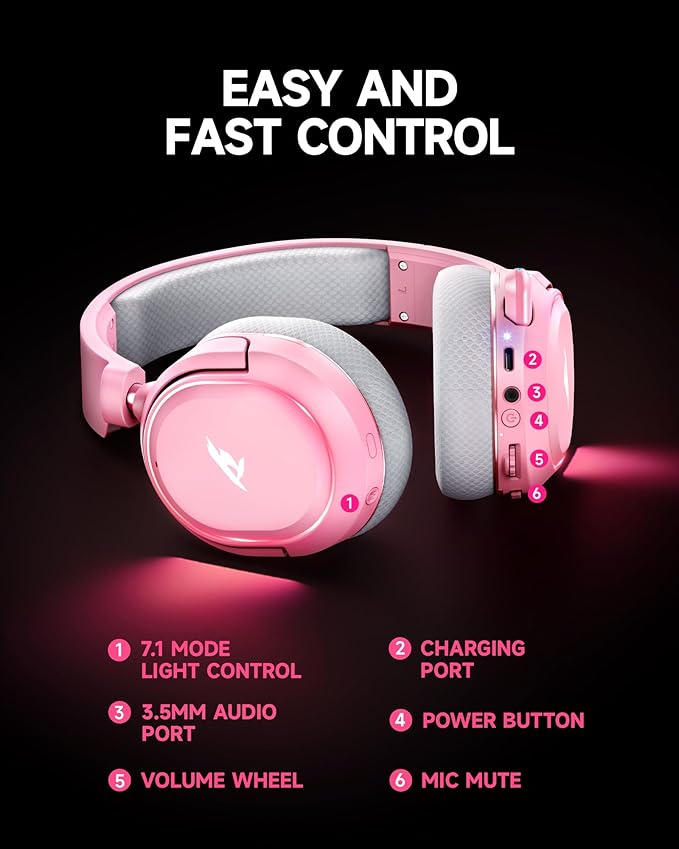 Wireless Gaming Headset 7.1 Surround Sound 2.4GHz USB Gaming Headphones with Bluetooth 5.4 100H Battery ENC Noise Canceling Mic RGB Light Wireless Headset for PC PS5 PS4 Mac Switch (Gray-Pink)