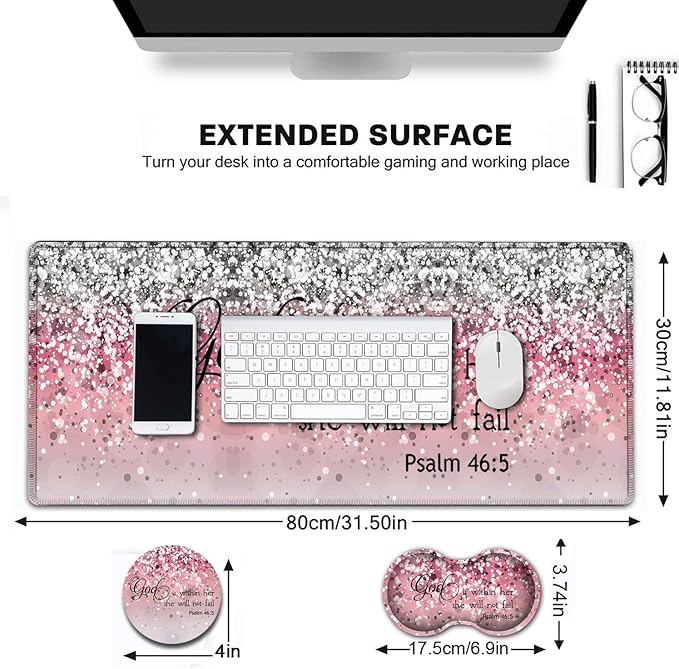 Large Gaming Mouse Pad Extended Waterproof Desk Pad Protector (31.5 x 11.8) Ergonomics Memory Foam Mouse Wrist Rest Support for Home Office Laptop Easy Typing Psalm 46:5 Pink Glitter Mouse Mat