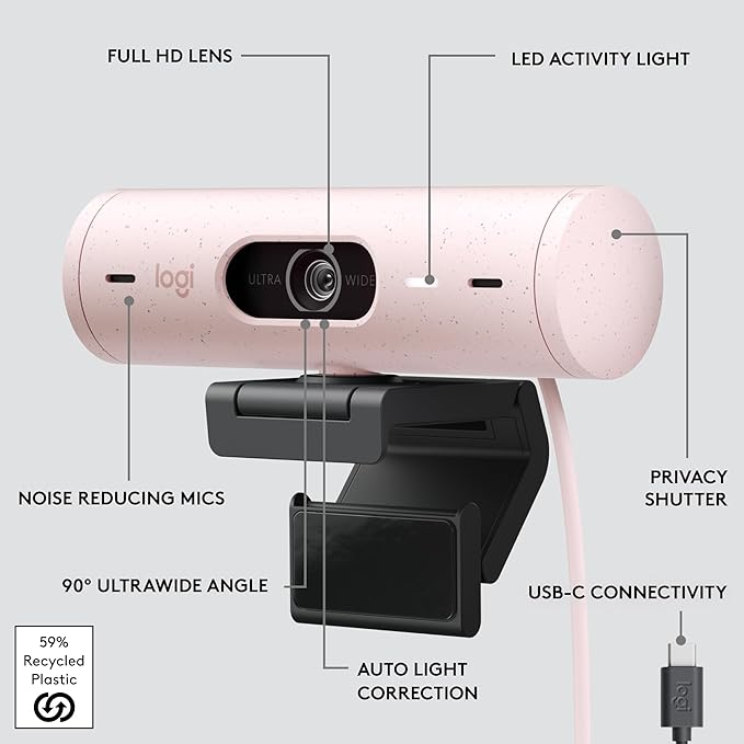 Logitech Brio 500 Full HD 1080p Webcam with Auto Light Correction Dual Noise Reduction Mics Privacy Cover Works with Teams Meet Zoom - Rose
