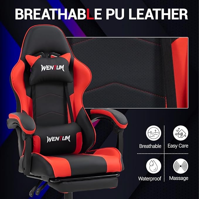 Gaming Chair with Footrest for Adults - PU Leather Video Game Chair w/Massage Lumbar Support for Men Women Ernogomic Computer Gamer Chair for Home Office Height Adjustable Red