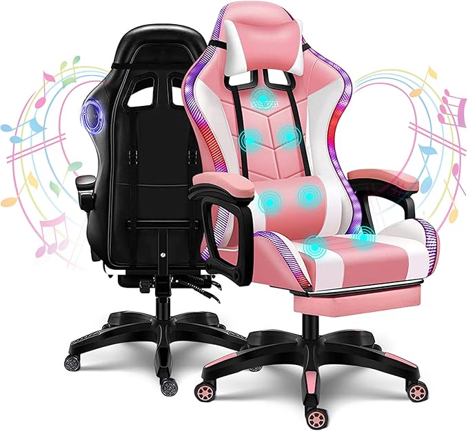 LED Gaming Chair Ergonomic Massage Racing Computer Chairs High Back Video Game Chairs with Speakers PU Leather with Footrest Headrest Lumbar Support Office Desk Chair for Adults TeensPink