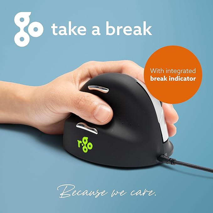 R-Go HE Vertical Ergonomic Mouse for Large Left-Handed with Break Software USB-C Wired Prevents Tennis Elbow/Mouse Arm RSI Silent Click 5 Buttons - Compatible Windows/MacOS Black/Silver