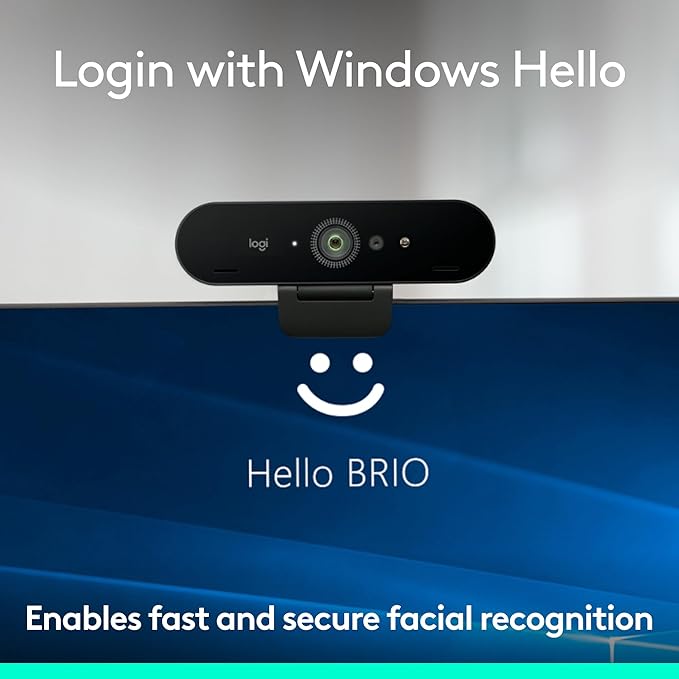 Logitech Brio 4K Webcam Video Calling Noise-Cancelling mic HD Auto Light Correction Wide Field of View Windows Hello Works with Microsoft Teams Zoom Google Meet PC/Mac/Laptop/MacBook/Tablet