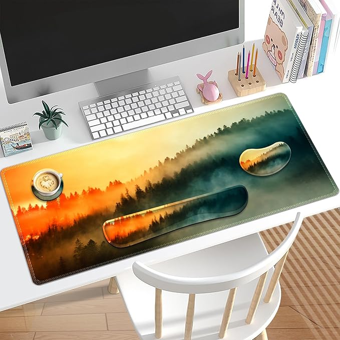 Keyboard Mouse Pad Set Extended Gaming Mouse Pad +Keyboard Wrist Support +Mouse Wrist Rest +Coaster 35.4x15.7 in XXL Large Ergonomic Desk Mat 4in1 Set for Home Office Sunset Misty Forest