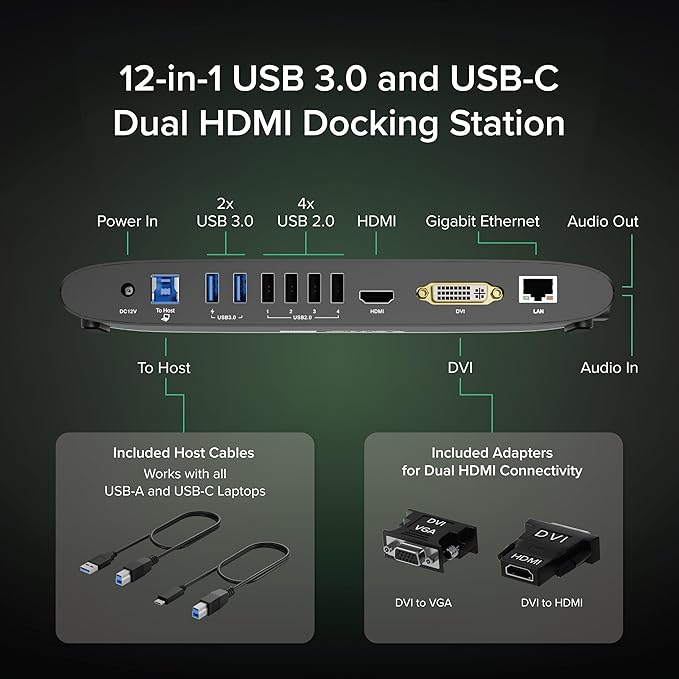 Plugable USB 3.0 Universal Docking Station for Windows macOS ChromeOS (Dual HDMI Monitors or DVI/VGA Gigabit Ethernet Audio 6 USB Ports)