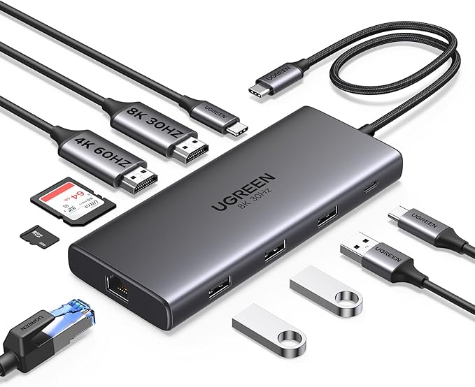 UGREEN Docking Station 10 in 1 Revodok Pro 210 USB C Dock Dual HDMI 4K@60Hz Single 8K@30Hz 100W PD 5Gbps USB C and USB A Data Ports Gigabit Ethernet SD/TF Card Reader USB Hub Compatible for HP Dell