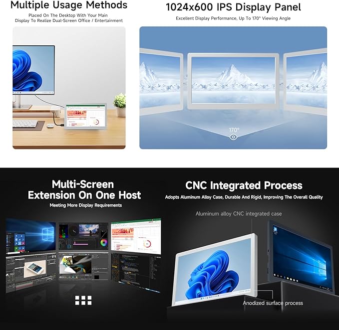 Waveshare 7inch IPS Side Monitor Extended Monitor Windows 7/8/10/11 1024x600 IPS Display Panel Supports Horizontal and Vertical Flip Up to 170° Viewing Angle USB One-Cable Connection Silver