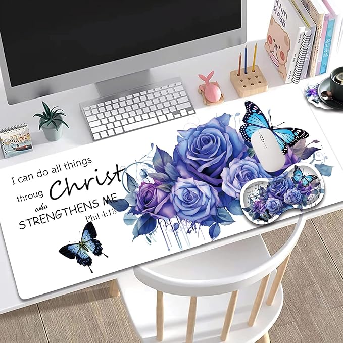 Large Gaming Mouse Pad + Mouse Wrist Rest Pad + Coaster Combination 31.5 x 11.8 Durable Non-Slip Extension Table Mat Suitable for Office and Home Roses Butterflies Verse Phil 4-13
