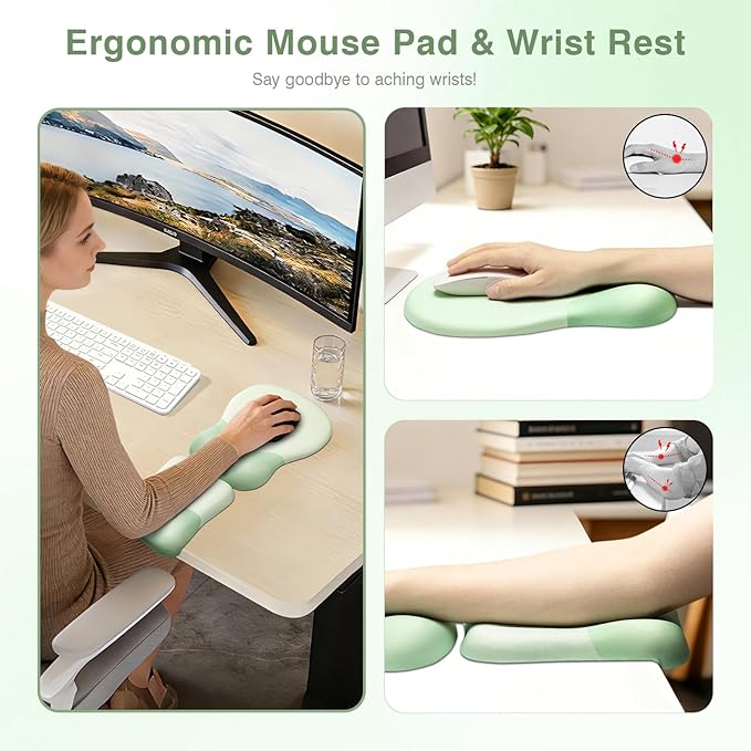 Ospelelf Mouse Pad with Wrist Rest Set Foam L-Shaped Desk Elbow Pad Ergonomic Desk Edge Cushion Anti-Slip Rubber Bottom Office Women Desk Accessories for Computer Laptop and Gaming Light Green