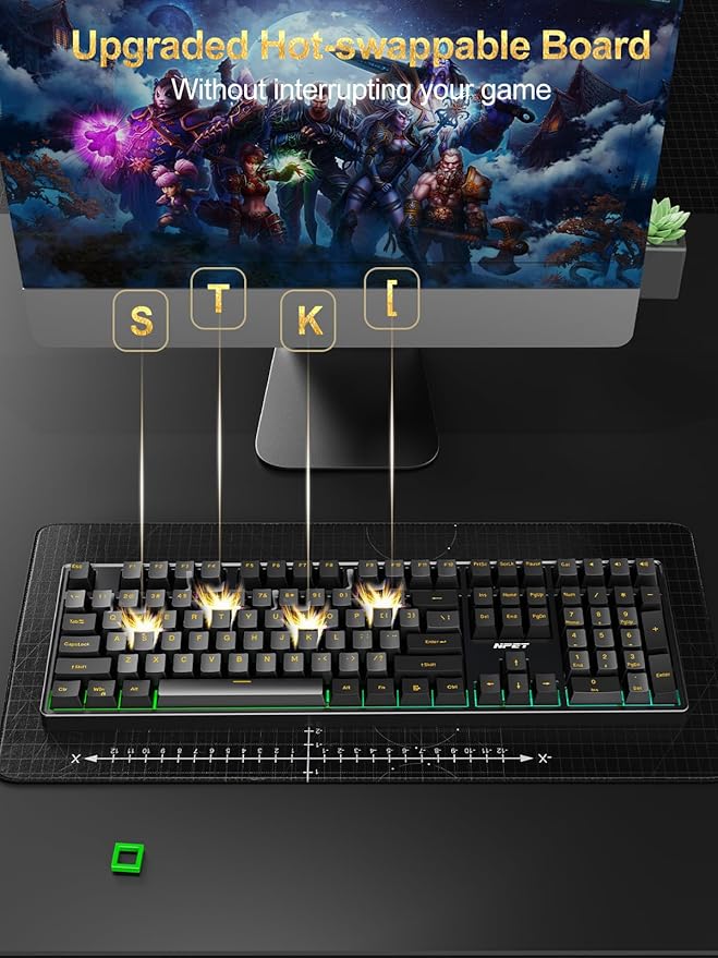 NPET CR108 RGB Gaming Keyboard and Mouse Combo 108 Keys Swappable Custom Wired Mechanical Keyboard Linear Red Switches Adjustable Gaming Mouse for PC Mac Xbox Gamer (108 Keys Black Grey)