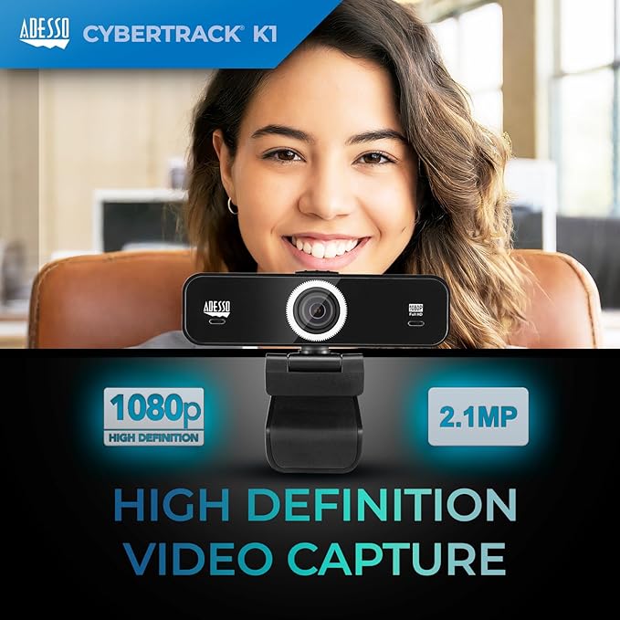 Adesso CyberTrack K1 1080P Full HD Fixed Focus USB Webcam with Adjustable View Angle Built-in Dual Microphones Privacy Shutter Audio/Video Mode Privacy ON/Off Switch &amp Tripod Mount
