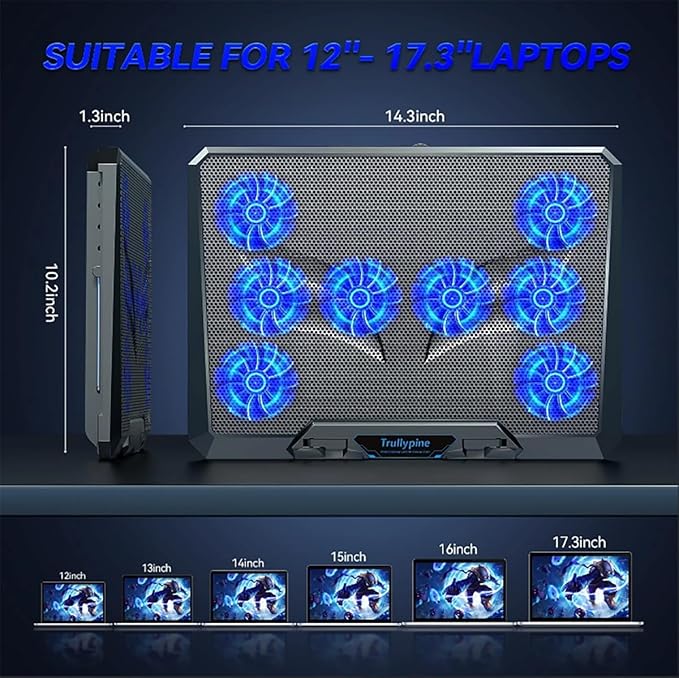 Laptop Cooling pad for Dell Inspiron 14 5000 Gaming laptops Laptop Cooler with 8 Fans Adjustable Speed 5-Level Height Adjustment Mute SilentBuilt-in Phone Stand