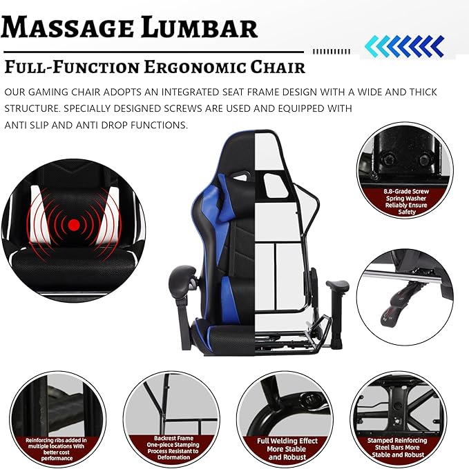 Gaming Chair with Footrest Ergonomic Computer Gaming Chair with Massage Lumbar Support Reclining High Back Gamer Seat for Adults Office Red and Black