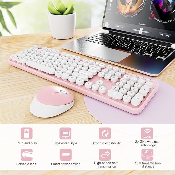 Wireless Keyboard and Mouse Combo Ergonomic Full Size Typewriter Retro Round Keycaps Keyboard Compatible with Windows PC Perfer for Home and Office Keyboards (Lovely Pink)