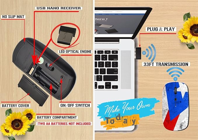 maizi Cordless Mouse for PC MacBook Notebook Computer Cordless Mice Image ID: 31045928 Puerto Rico Flag with 2.4G Portable with USB Receiver Printed in USA