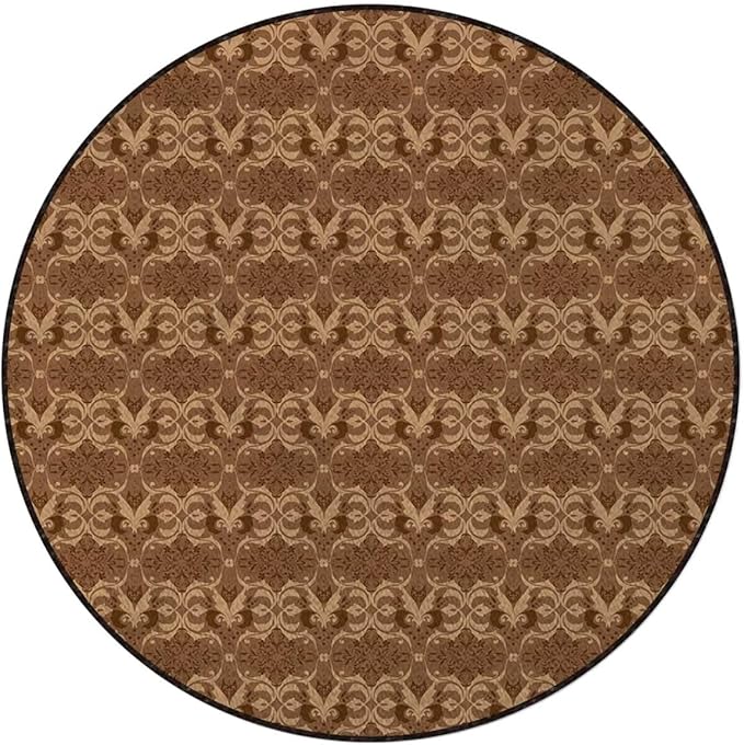Brown Tan Office Chair Mat Round Carpet Rug Multi-Purpose Anti Slip Wear-Resistant Door Mat for Tile Floor Rolling Chair Eastern Culture Ornamental Floral Design Diameter 43.3 in