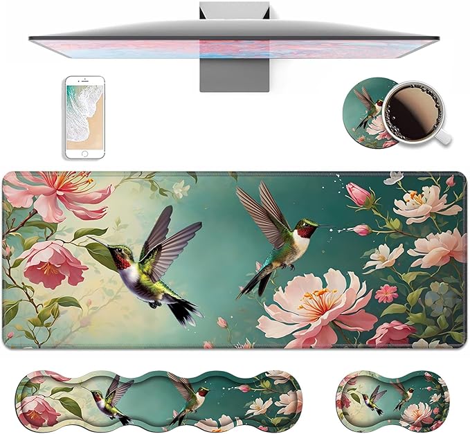 4 in 1 Ergonomic Keyboard Wrist Rest &amp Mouse Pad Wrist Rest Set Large XXL Gaming Desk Mat 31.5x 11.8 with Non-Slip Base Memory Foam for Home Office Study Gaming Hummingbird Flowers