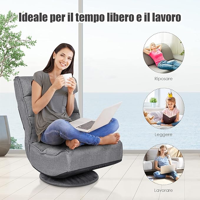 Rainfally 360-Degree Swivel Floor Sofa Chair Folding Gaming Chair w/ 5-Position Adjustable Backrest &amp Comfortable Sponge Padded Lazy Sofa Lounge Chair for Reading TV Watching or Gaming (Gray)