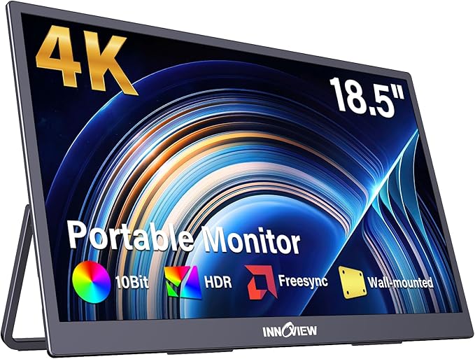 InnoView 4K Portable Monitor 18.5 3840x2160 UHD USB-C HDMI for Laptop 10Bit IPS Computer Gaming Display HDR Travel Monitor with W/180°Adjustable Stand for Desktop Mac Phones Tablet PS5/4 Switch