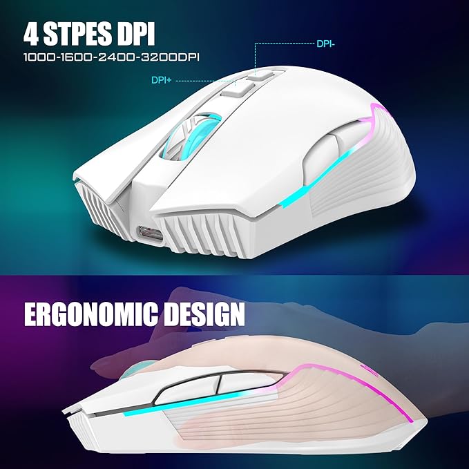 RedThunder K10 Wireless Gaming Keyboard and Mouse Combo RGB Backlit Rechargeable 3800mAh Battery Mechanical Feel Anti-ghosting Keyboard + 7D 3200DPI Mice for PC Gamer(White Pudding)