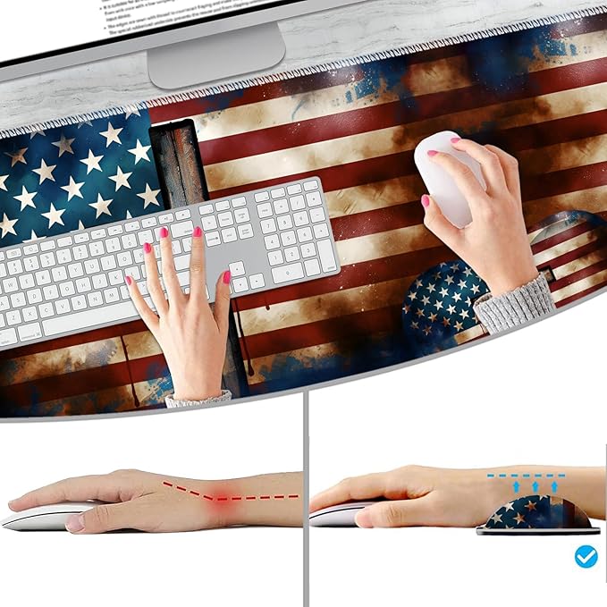Extended Non-Slip Mouse Pad + Mouse Wrist Rest + Lace-Shaped Coaster Set Ergonomic Design Suitable for Desk and Home Gaming Table Mat American Flag Cross