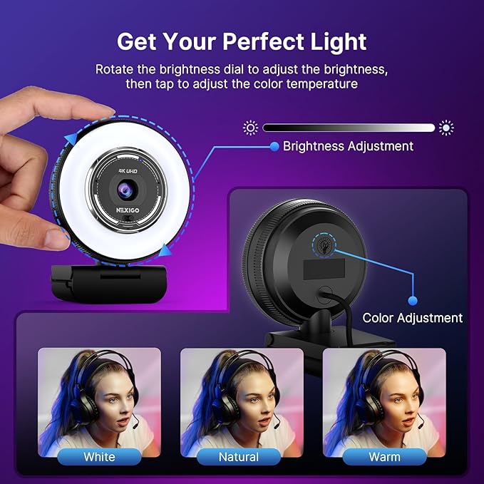 NexiGo 4K Streaming Webcam Kit N680E Pro UHD Webcam w/Ring Light PDAF Autofocus 1080p 60FPS Dual Noise-Canceling Mics Privacy Shutter Lightweight Mini Tripod for Zoom/Teams/Twitch/Google Meet