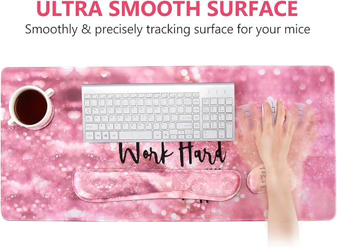 DINKY Keyboard Mouse Pad Set Large Gaming Mousepad + Memory Foam Ergonomic Keyboard Wrist Rest Support Easy Typing Pain Relief 4Pcs (35.4 x 15.7) Extended Desk Mat -Pink Glitter Letters