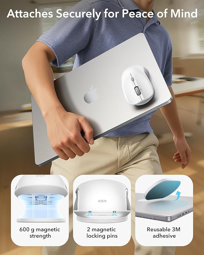 ESR MagMouse Snap-to-Carry Bluetooth Mouse Rechargeable Wireless Mouse for Laptop with Built-in Charging Cable Reusable Adhesive Holder BT 5.0 + 2.4 GHz Connectivity Silent Ergonomic White