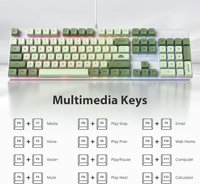 surmen Sage Green Mechanical Gaming Keyboard– 104 Key Full Size Wired Keyboard with Number Pad Thocky &amp Creamy Sound RGB Backlit Anti-Ghosting – Quiet Red Switch for PC Gamers &amp Typists (104