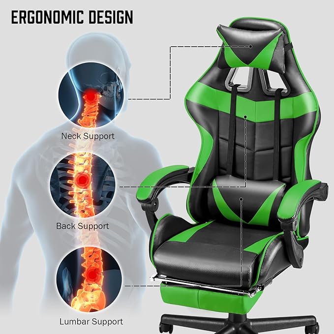 Huracan Gaming Computer Chair with Footrest Adjustable Video Game Chairs for Adults Heavy Duty Office Chair with Headrest and Lumbar Support Green