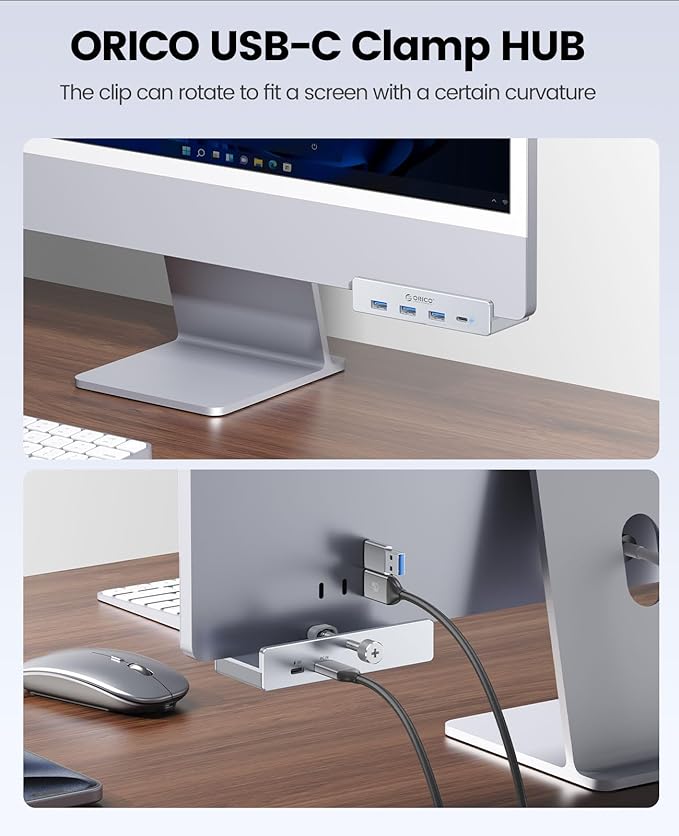 ORICO USB Hub 3.0 Clamp USB Hub with Extra Power Port 3 USB-A Data Ports USB-C Port for Monitors Desks(Silver)