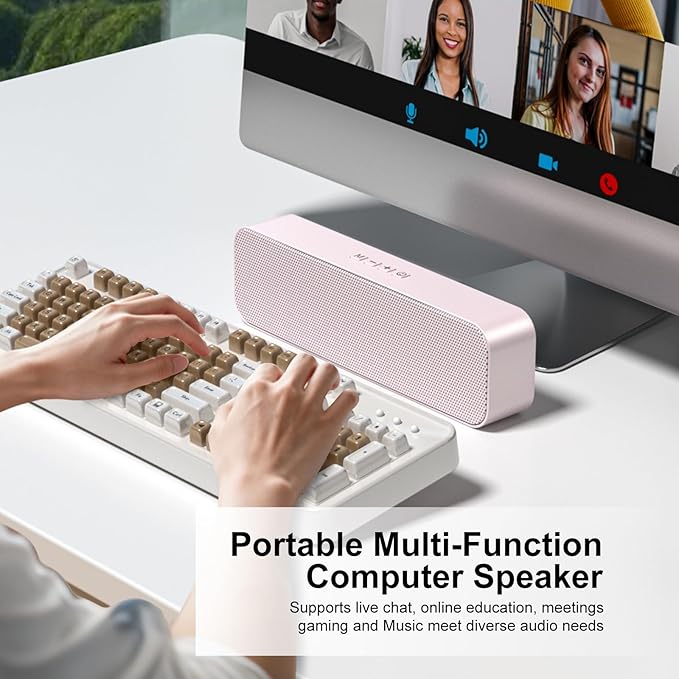 Computer Speaker for DesktopRechargeable PC SpeakerSmall Computer Soundbar with Stereo &amp Bass3.5mm Aux-inBluetoothTF PortLoud Volume for Web ConferencesTeacherMusic (Pink)