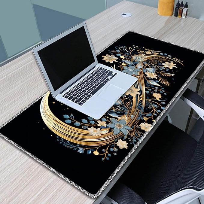 Gaming Mouse Pad Set Large Gaming Mouse Pad+Keyboard Wrist Rest+Mouse Wrist Rest+Coaster Easy Typing Pain Relief 31.5 × 11.8 inch Desk Mat for Home Office - Moon Floral Flower