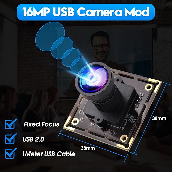16MP USB Camera Module Wide Angle 110 Degree No Distortion Lens Ultra HD 3496P Plug and Play Compatible with WinXP/Vista/WIN7/WIN8/Win9/Win10/Win11/Linux/Mac-OS X/Wince/Android
