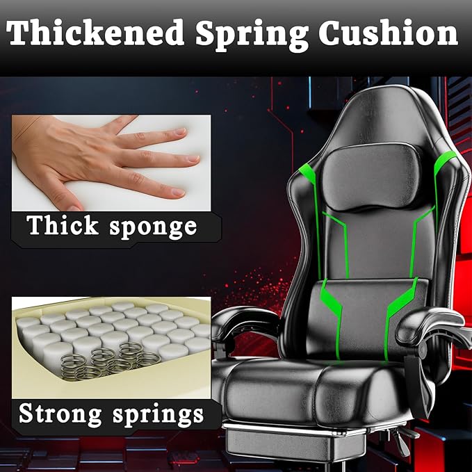 Gaming Chair with Pocket Spring Cushion and Footrest Ergonomic Computer Chair for Adults Breathable PU Leather Game Chair Adjustable Headrest and Lumbar Support Office Desk Chair