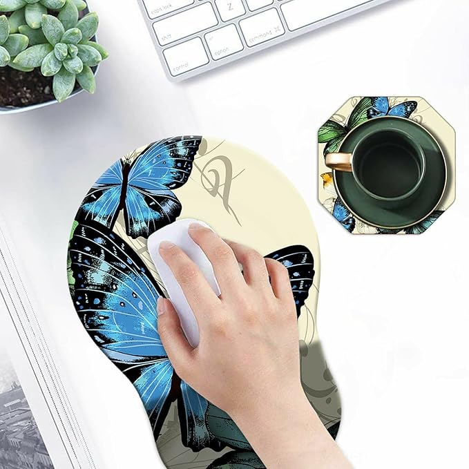 Mouse Pad with Wrist Support Gel Blue Butterfly Pattern Design Ergonomic Gaming Mousepad with Wrist Rest for Laptop Computer Home Office Working Mouse Mat + A Cute Coffee Pad