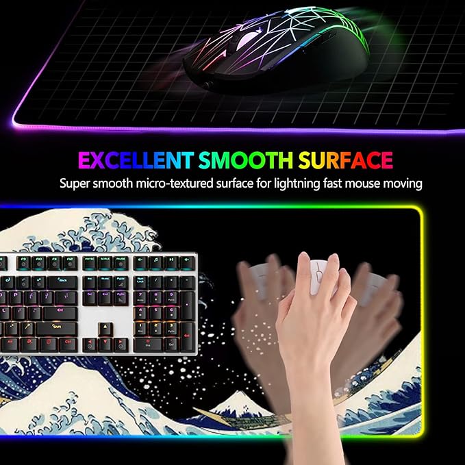 RGB Gaming Mouse Pad Large AIMSA Keyboard Led Mousepad Extended 35.4 x 15.8 inch Non-Slip Rubber Base with 14 Lighting Modes Big Desk Mat Waterproof Big Waves