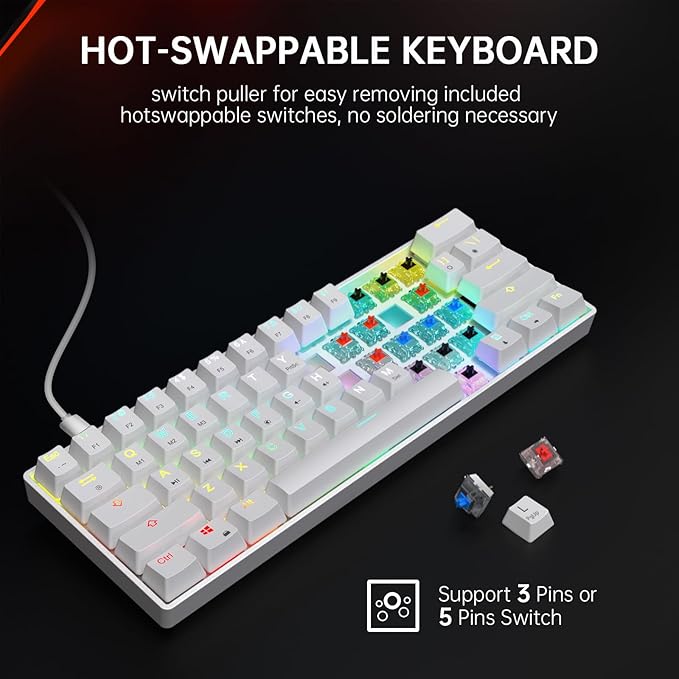 60% Mechanical Gaming Keyboard - 61 Keys Red Switch Quiet Office Computer Keyboard - Multi Color RGB Rainbow Led Backlit - Programmable for PC/Windows/Mac/Gamer - USB Wired - White