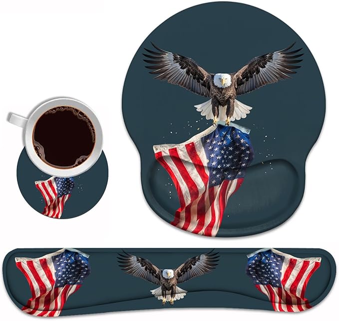 Keyboard Wrist Rest and Mouse Pad Wrist Rest Support Set with Coasters Non-Slip PU Base for Gaming and Office Comfortable &amp Lightweight for Easy Typing &amp Pain Relief American Flag Patriotic