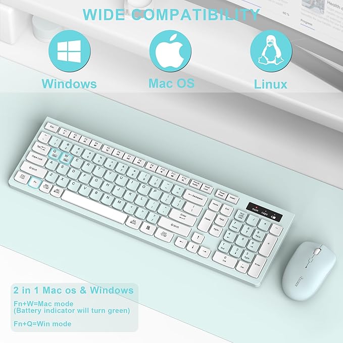 Wireless Keyboard and Mouse Combo Full-Sized Wireless Keyboard and Adjustable DPI Mouse 2.4GHz USB Receiver Keyboard and Mouse for PC Windows Desktop Laptop (Mint Green and White)