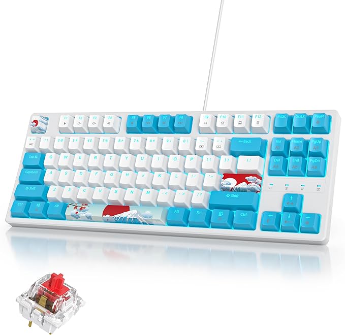 75% Mechanical Gaming Keyboard with Red Switch RGB LED Backlit Keyboard White and Blue 87 Keys Compact TKL Wired Computer Keyboard for Windows Laptop PC Gamer (87 Sea)