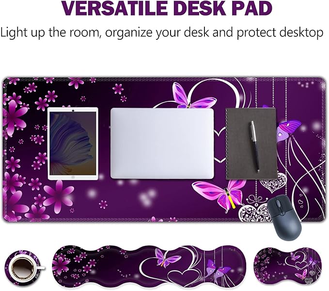 Upgraded Extended Gaming Mouse Pad Keyboard Wrist Rest Pad Wrist Support Mousepad Set Artso Large Rubber Base Stitched Edges Multifunctional Desk Pad (35 x15.5 in) Purple Heart Butterfly