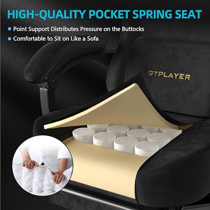 GTPLAYER Gaming Chair Fabric with Pocket Spring Cushion Big and Tall Gamings Chairs 350LBS High Back Computer Chair with Footrest for Adults Lumbar Support Swivel Game Chair for Office Light Black