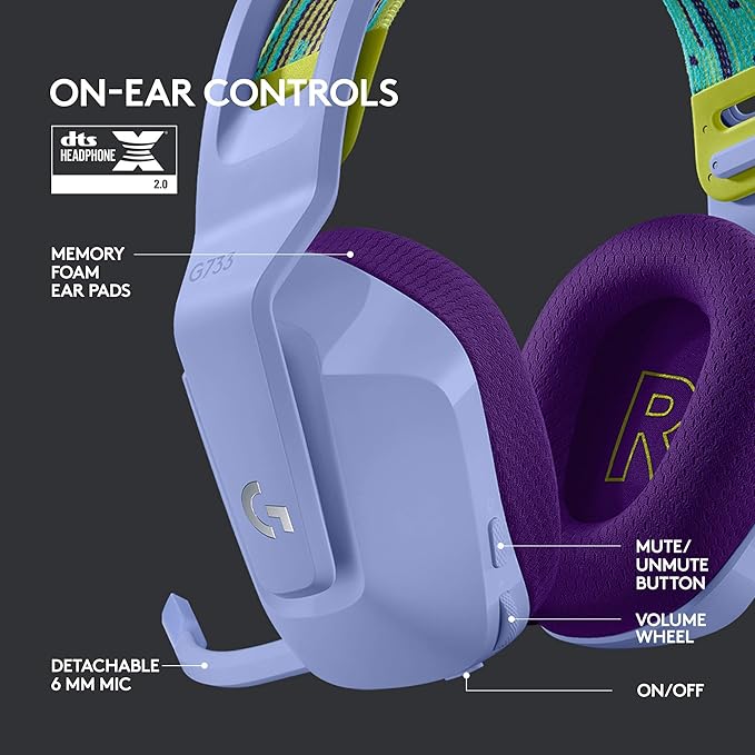 Logitech G733 Lightspeed Wireless Gaming Headset with Suspension Headband LIGHTSYNC RGB Blue VO!CE mic Technology and PRO-G Audio Drivers - Lilac
