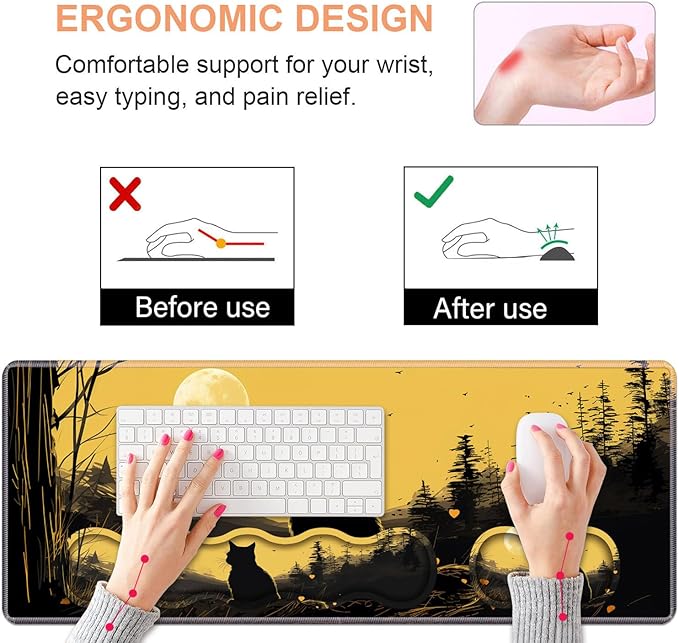 Ergonomic Keyboard Wrist Rest &amp Mouse Pad Wrist Rest Set Large XXL Gaming Desk Mat 31.5x 11.8 with Non-Slip Base Memory Foam Easy Typing Pain Relief for Home &amp Office Black Cat