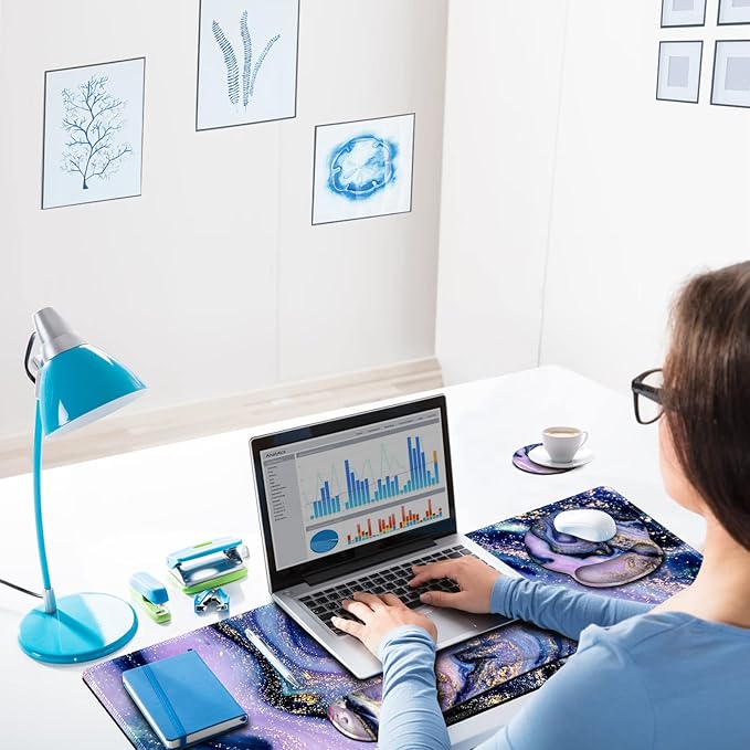 ARTSO Large Mouse Pad Ergonomic Keyboard Wrist Rest Support Combo Memory Foam Gel Wrist Pad Extended Desk Mat Protector Non-Slip Desk Blotter Purple Marble