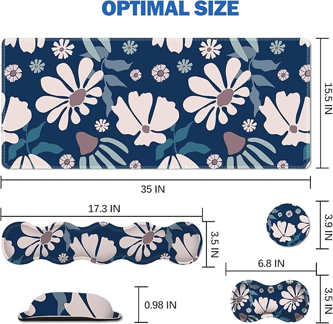 ARTSO Keyboard Mouse Pad Set Blue Flower Large Gaming Mousepad +Keyboard Wrist Rest +Mouse Wrist Rest +Coaster Ergonomic Mousepad Memory Foam Cushion for Home Office